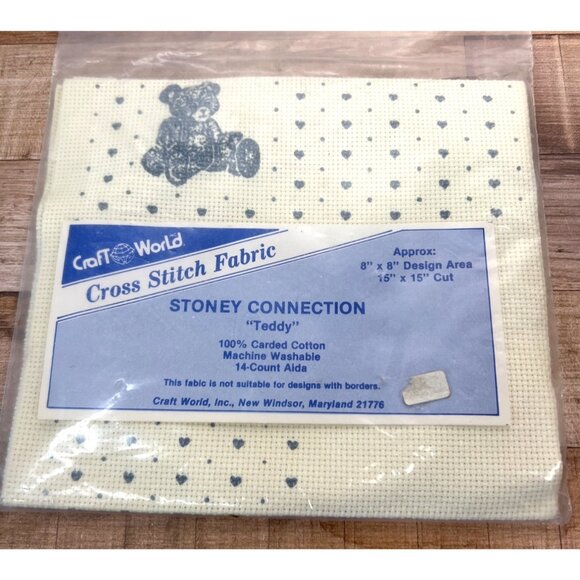 Craft World Cross Stitch Fabric 14-Count Aida Teddy Design 15" X 15" Cut 100% Co - Picture 1 of 3